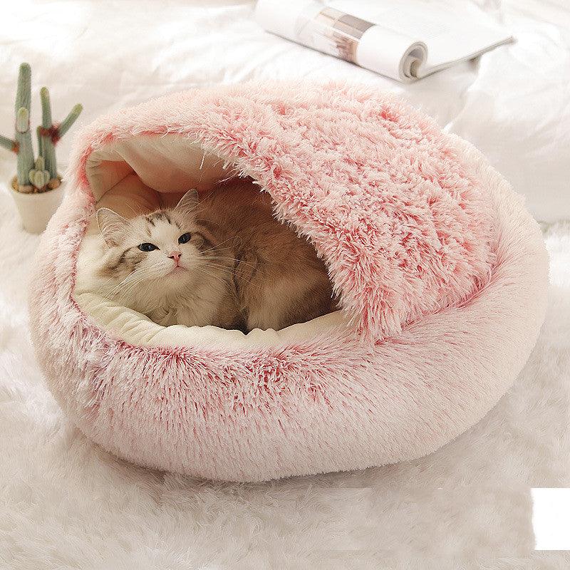 Rundes 2-in-1-Winterhaustierbett aus Plüsch für Katzen und Hunde